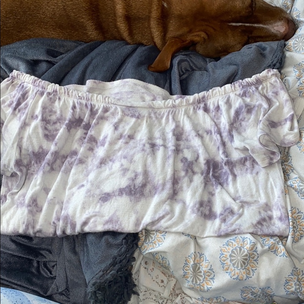Hollister purple+white off the shoulder tee.
